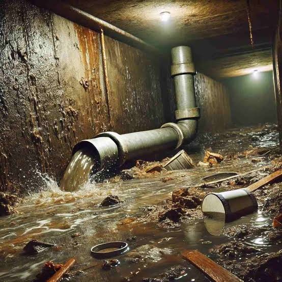 Mainline Sewer Pipe Discharge and Backup Underground municipal sewer pipe discharging contaminated Category 3 black water and debris in commercial facility