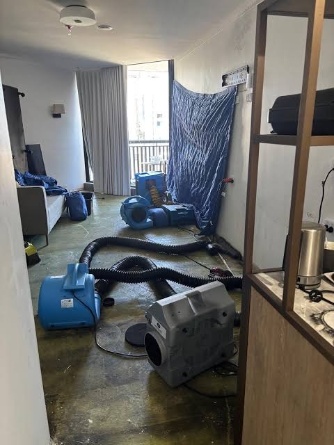 Finished Basement Structural Drying and Dehumidification Grid Commercial structural drying equipment and air movers extracting trapped moisture from finished basement living area in Miami